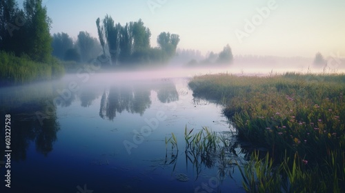  a foggy river with a few trees in the background. generative ai