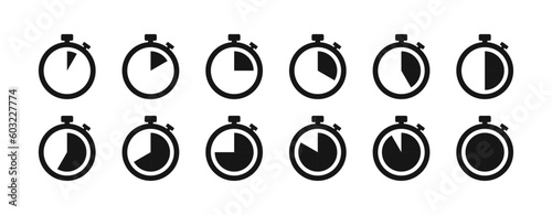 Set of timer. Stopwatch icons set. Countdown 5,10,15, 20, 25, 30, 35, 40, 45, 50, 55, 60 minutes. Timer symbol. Outline stopwatch icon. Alarm pictogram.
Vector, Trasnparent background