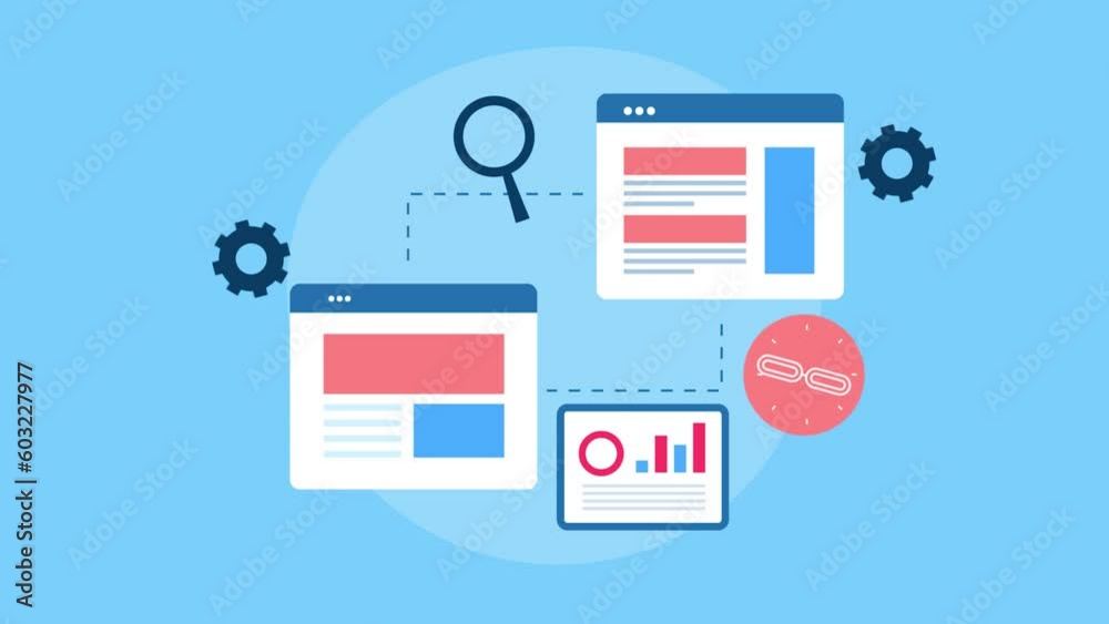 Connection between two websites through SEO link building process, web data and information on virtual screen, SEO optimization increase website visibility on search engine, video animation.