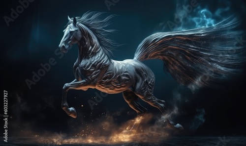 A magnificent fiery horse gallops boldly on a black backdrop. Creating using generative AI tools