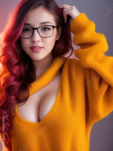Positive woman with big breast in sweatshirt. Illustration. Generative AI