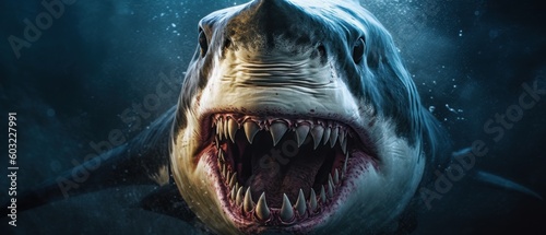 Massive megalodon shark swims in the depths of the underwater world. Generative AI