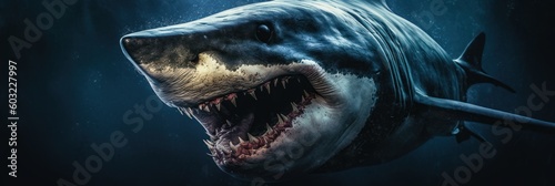 Massive megalodon shark swims in the depths of the underwater world. Generative AI photo