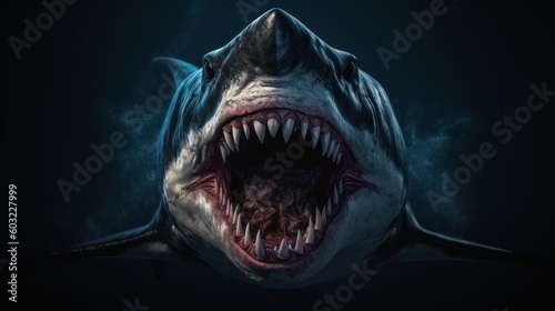 Massive megalodon shark swims in the depths of the underwater world. Generative AI