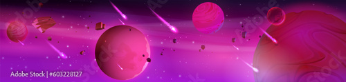 Space background with alien planets floating in sky, comets with neon light tails, rocky meteorites, stones falling. Vector cartoon illustration of cosmic adventure game universe. Dangerous galaxy