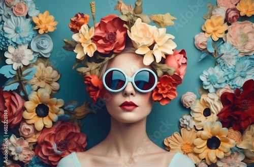 Fashionable woman with round glasses and colorful flower crown, generative AI.