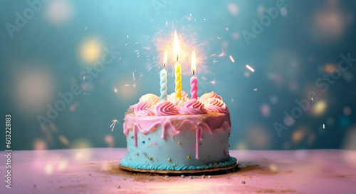 birthday cake with 3 burning candles on a blue background