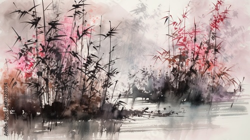 Tela a watercolor painting of pink flowers and bamboos in a pond