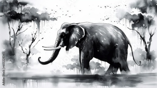  a black and white drawing of an elephant in a forest.  generative ai
