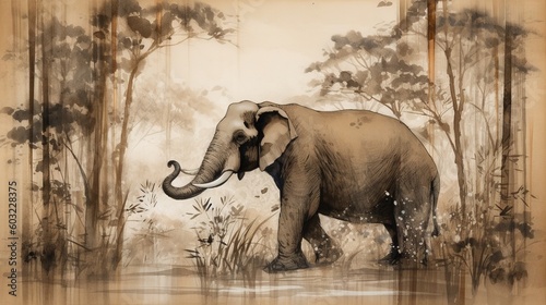  a painting of an elephant in a forest with tall trees.  generative ai