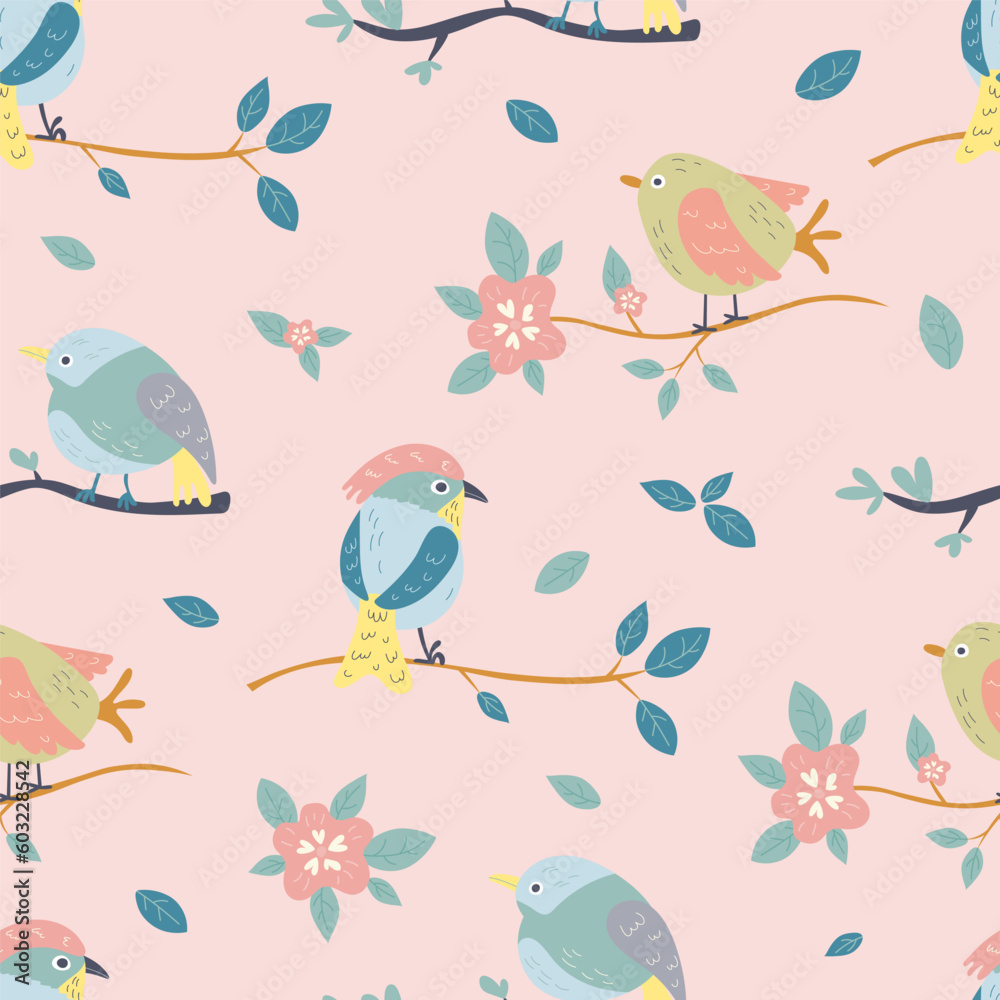 Cute spring birds and flowers seamless pattern Cute spring birds and flowers seamless pattern