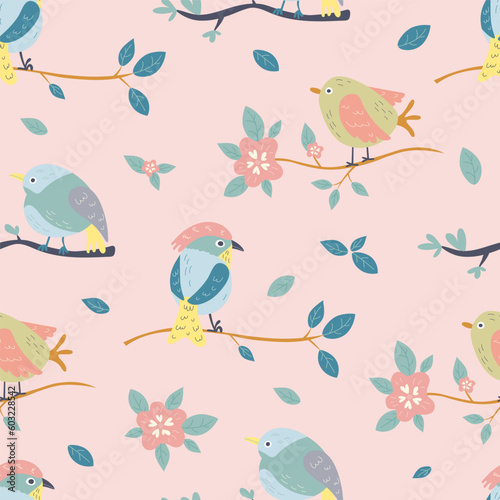 Cute spring birds and flowers seamless pattern