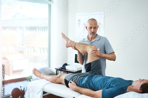 Bild auf Leinwand Legs, physiotherapist and patient with consultation, healthcare and stretching for recovery