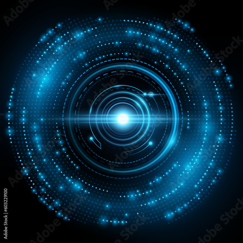 Digital HUD circle with blue glowing particles. Big data visualization into cyberspace. Neural network concept for your design. Vector Illustration.