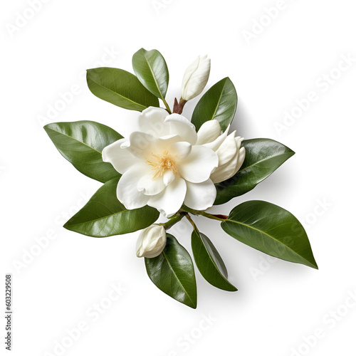Bouquet of Gardenia cape jasmine flower plant with leaves isolated on white background. Flat lay, top view. macro closeup © Sandra Chia