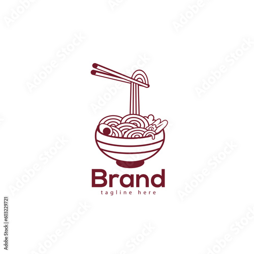 Noodle Pho Food Logo Template, And Icon Design Template Elements With Spoon And Chopstick Vector Color Emblem. Noodle Plate With Spoon, And Fried Eggs In The White Background.