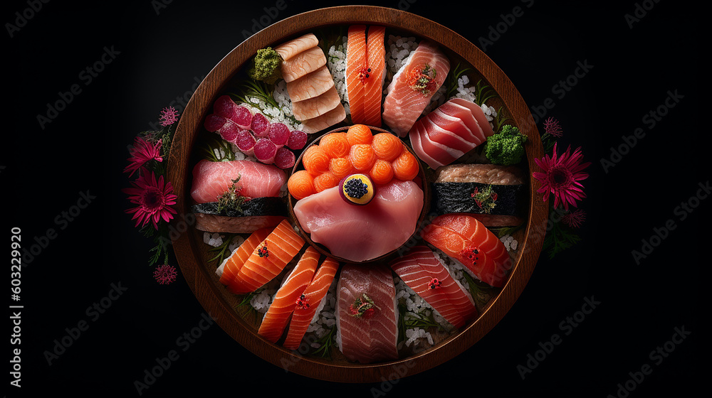 Generative AI image of the Sushi, a Japanese dish of prepared vinegared rice, usually with some sugar and salt, accompanied by a variety of ingredients