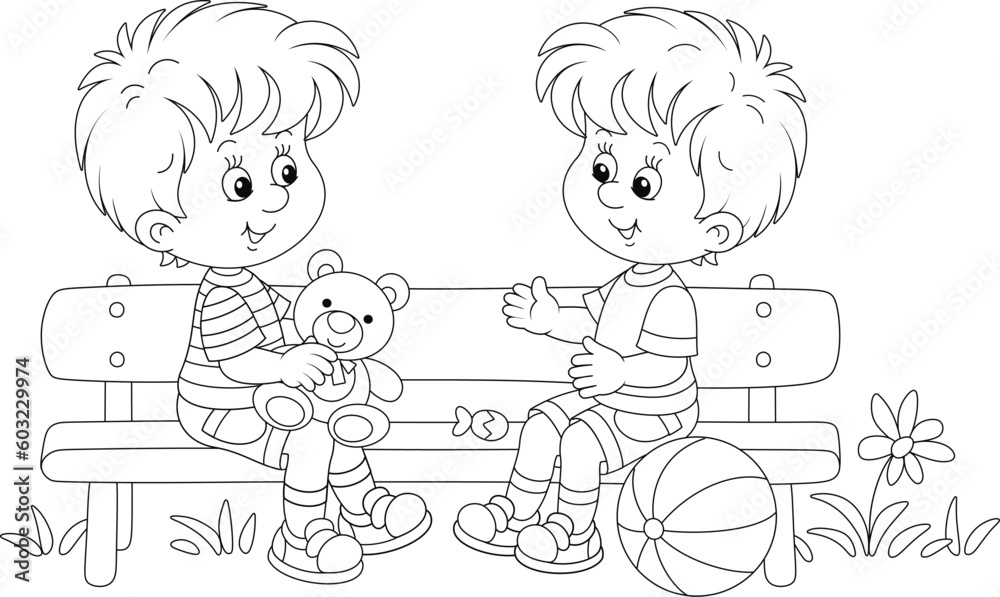 Happy little kids with their funny toys sitting on a small bench and merrily chatting on a warm summer day in a park, black and white vector cartoon illustration for a coloring book
