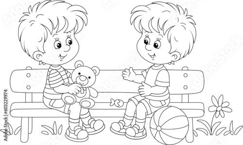 Happy little kids with their funny toys sitting on a small bench and merrily chatting on a warm summer day in a park, black and white vector cartoon illustration for a coloring book