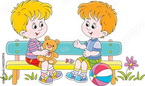 Happy little kids with their funny toys sitting on a colorful small bench and merrily chatting on a warm summer day in a park, vector cartoon illustration isolated on white