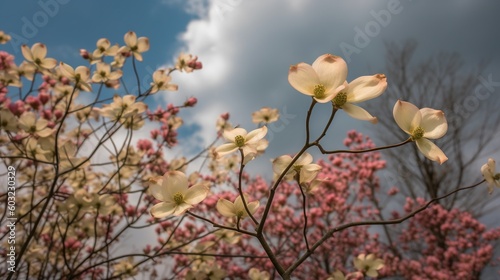  a bunch of flowers that are on a tree branch in front of a cloudy sky. generative ai
