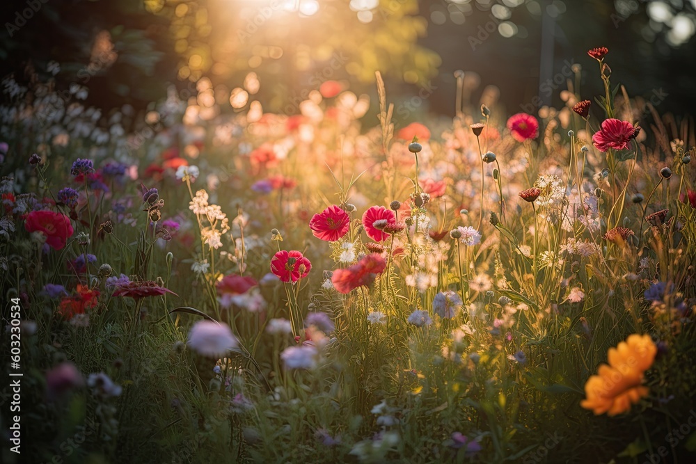 Colorful flower meadow with sunbeams and bokeh lights in summer