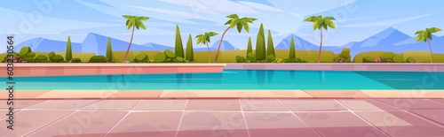 Cartoon swimming pool with mountains on horizon. Vector illustration of hotel backyard area with recreation poolside lounge zone surrounded by green bushes, palm trees and flowers. Summer vacation