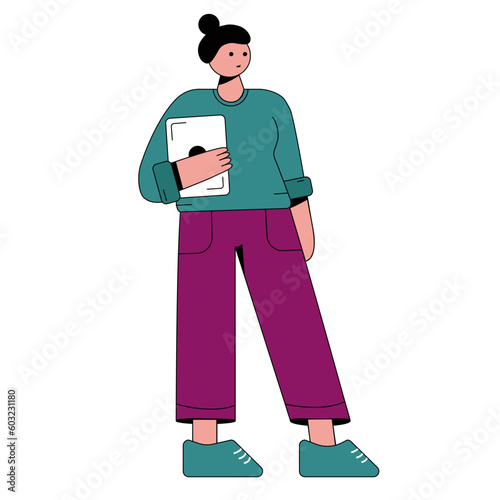 Businesswoman, freelancer holding ipad, flat vector, green, turquoise and burgundy clothing colors
