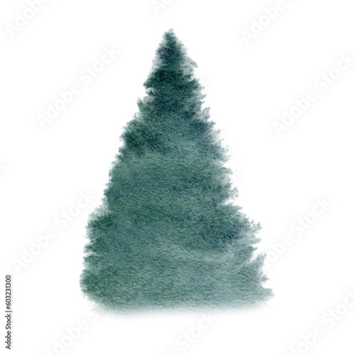 Watercolor abstract spruce tree. Hand drawn illustration. Forest template, Winter foggy woodland landscape background. Wild nature in wintertime. Christmas card design. Evergreen tree graphic isolated