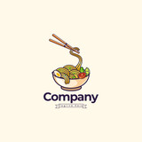 Noodle Pho Food Logo Template Design, Pho Icon Design Template Elements With Spoon And Chopstick Vector Color Emblem. Noodle Plate With Spoon, And Fried Eggs In The White Background.