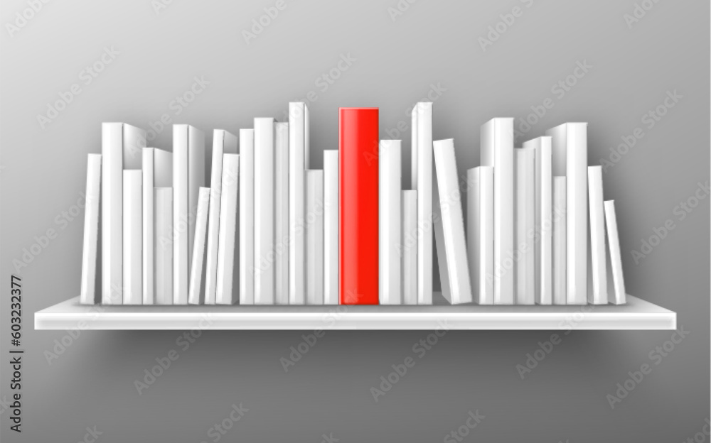 Obraz premium Realistic shelf mockup with white and red books isolated on background. Vector illustration of 3D bookshelf hanging on wall, literature with blank spine standing in library, bookstore or at trade fair