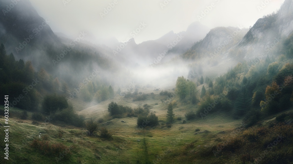  a foggy mountain valley with a few trees in the foreground.  generative ai