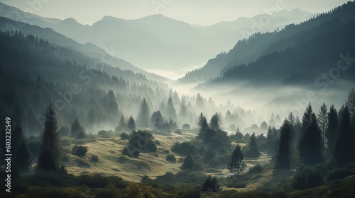 a view of a mountain range with trees in the foreground. generative ai
