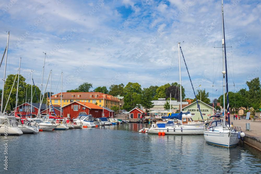 Harbor with boats in the Swedish city of Hjo