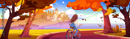 Back view of young woman riding bicycle in autumn park  heading towards coastal town. Vector cartoon illustration of active female enjoying bike trip  golden foliage flying in air  vacation travel