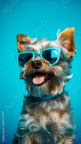Cute dog in sunglasses with blue background. Generative AI © ColdFire