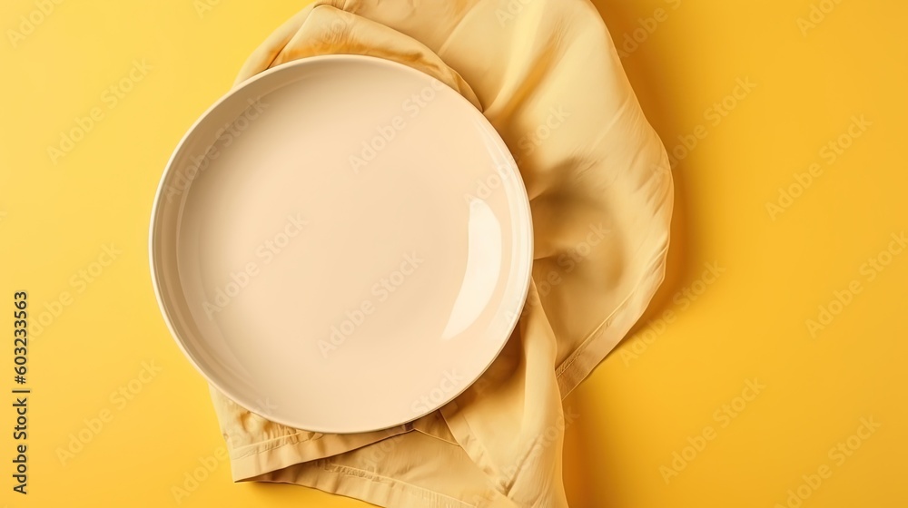  a white plate sitting on top of a yellow table cloth.  generative ai