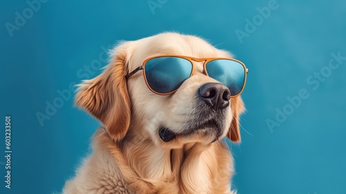 Cute dog in sunglasses with blue background. Generative AI