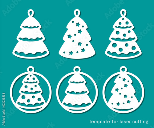 Set of Christmas hanging decorations. Pendants, balls with Christmas trees. Simple shapes, cartoon style. Template for plotter laser cutting of paper, wood carving, metal engraving, cnc. Vector image.