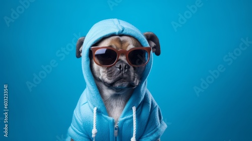 Cute dog in sunglasses with blue background. Generative AI