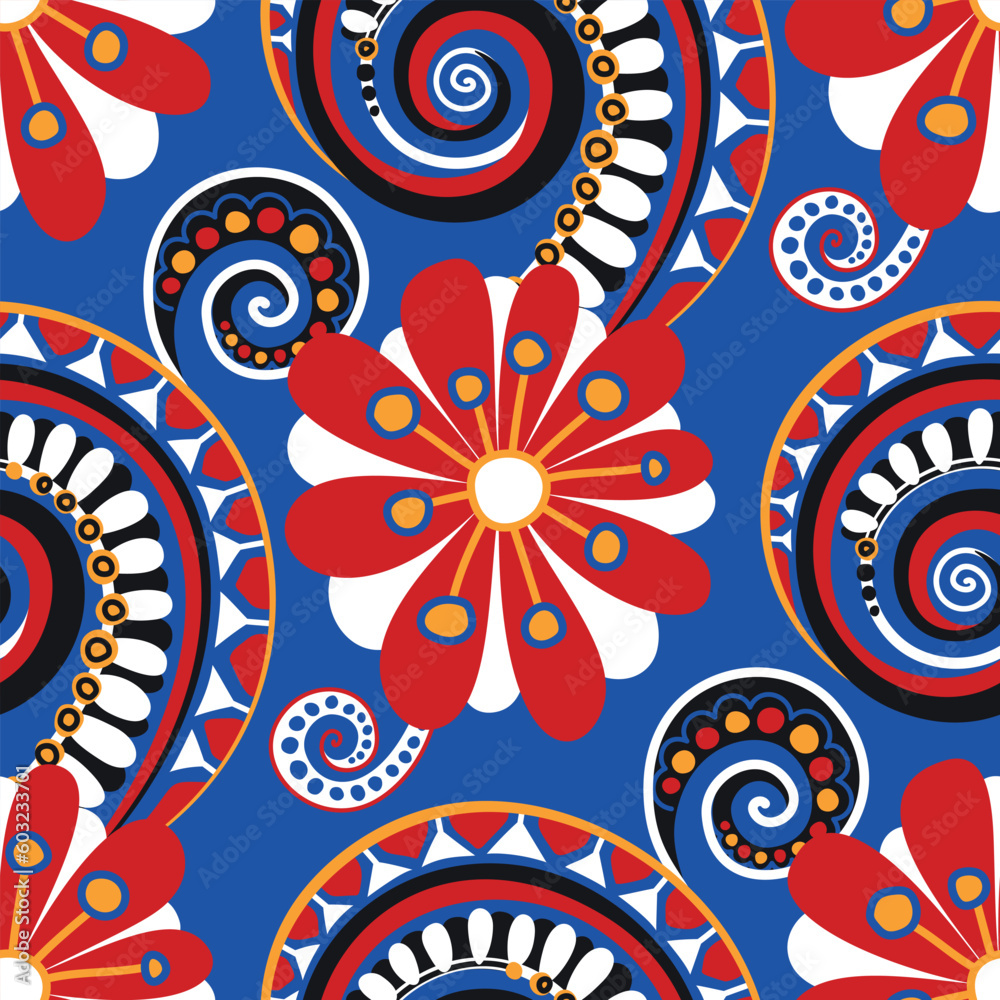 Fototapeta premium Folkloric Seamless Pattern with Paisley Flower, Nature Inspired Design Element. Ornate Abstract Pattern. Endless Texture for Fabric, Wallpaper etc. Vector Illustration