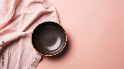  a black bowl sitting on top of a pink table cloth.  generative ai