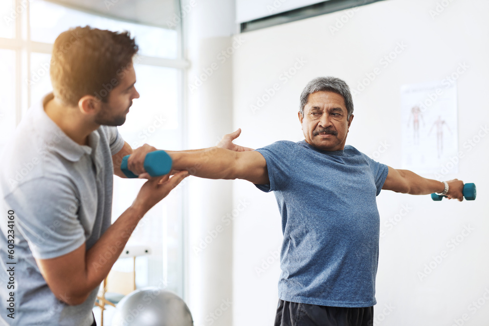 Dumbbells, physiotherapy and help with doctor and patient for rehabilitation, training and stretching. Healthcare, wellness and healing with old man and expert for consulting, muscle and exercise Dumbbells, physiotherapy and help with doctor and patient for rehabilitation, training and stretching. Healthcare, wellness and healing with old man and expert for consulting, muscle and exercise