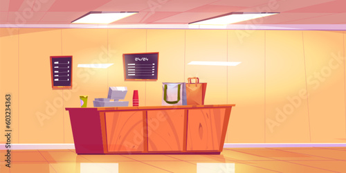 Cartoon shop counter with cash register in empty room. Vector illustration of wooden desk with computer, paper cups, shopping bags, menu boards in frames on wall. Grocery store, supermarket equipment