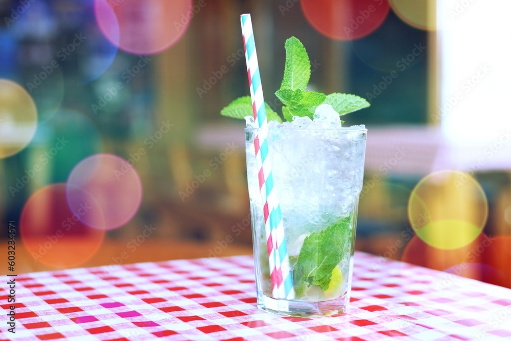 mojito cocktail with mint in bokeh lights mojito cocktail with mint in bokeh lights