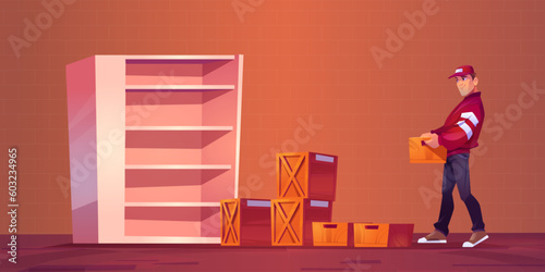 Cartoon delivery man carrying wooden box. Vector illustration of young male courier holding heavy package, shelves for parcels at post office warehouse. Shipping service, shopping order shipment