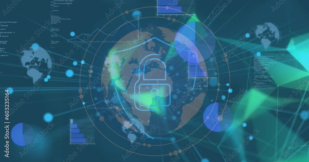 Animation of padlock icon, globe and data processing