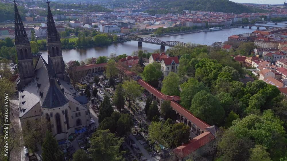 Fantastic aerial top view flight 
church cemetery Basilica cathedral in city prague czech republic spring 2023. overflight flyover drone
4k uhd cinematic footage.