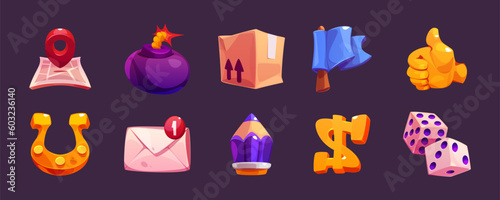 Web icons, symbols for game or casino with mail, delivery box, money sign and flag. UI elements with map, letter, bomb, dices, pencil and gold horseshoe, vector cartoon set