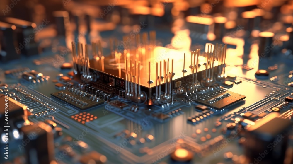 Close up of micro circuit board, complex electronic components and paths. Generative AI Close up of micro circuit board, complex electronic components and paths. Generative AI